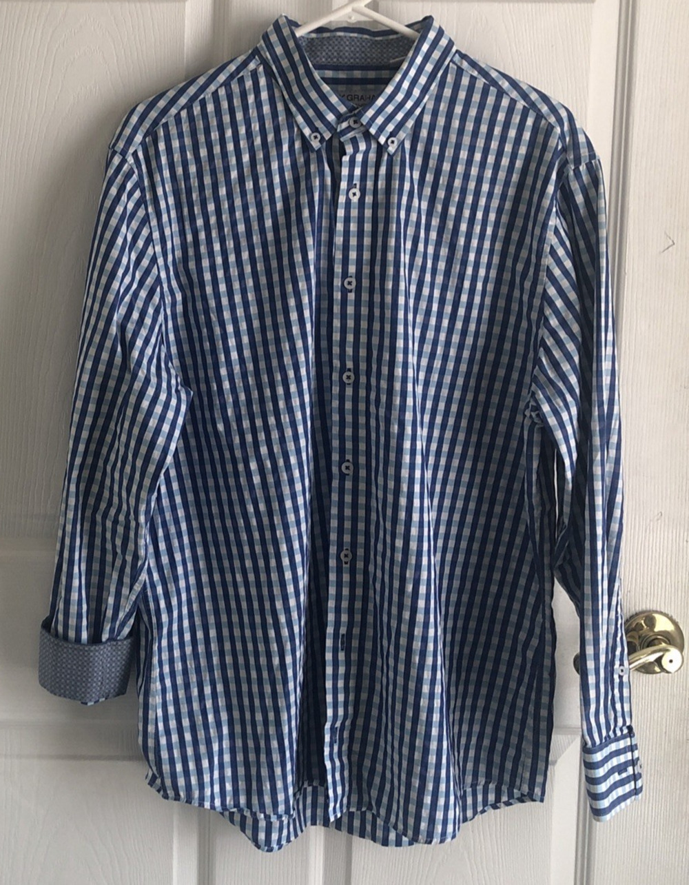 Nick Graham XL Mens shirt Mondern Fit Flip Cuff button up blue & white checkered